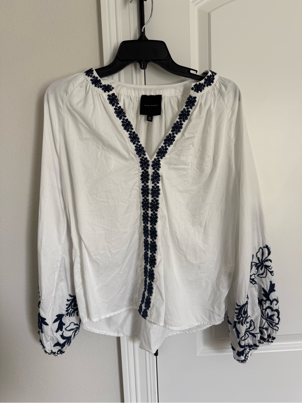 Alex Marie White Blouse with Navy Floral Embroidery